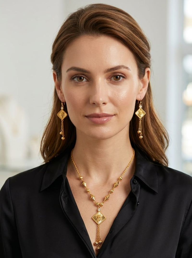 Gold Tone Necklace & Earrings Set – Elegant Tassel Jewelry for Women