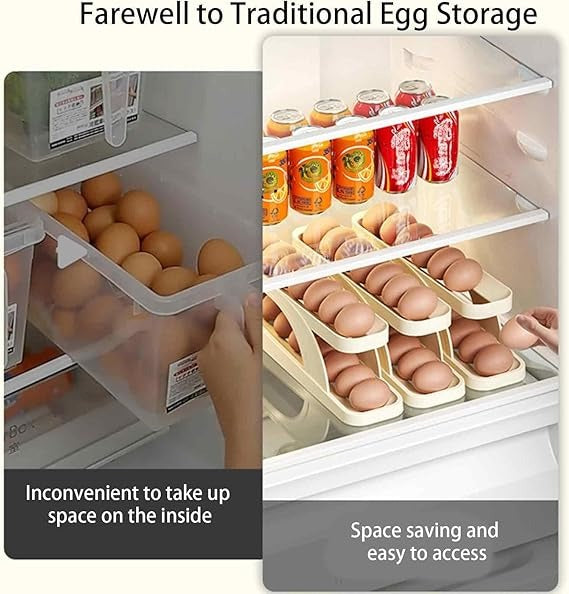 15 Egg Storage Box-Rolling Design Space Saving PP Refrigerator Organizer Multi Layer Egg Holder