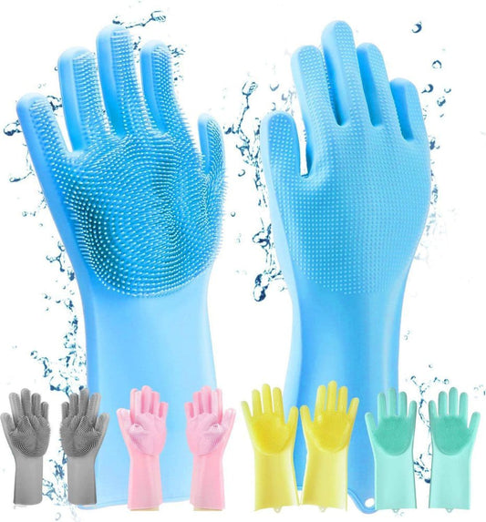 2 PCS Magic Silicone Dish washing Gloves – Reusable Rubber Cleaning Gloves with Built-In Scrubber for Kitchen & Household Use (Random color)