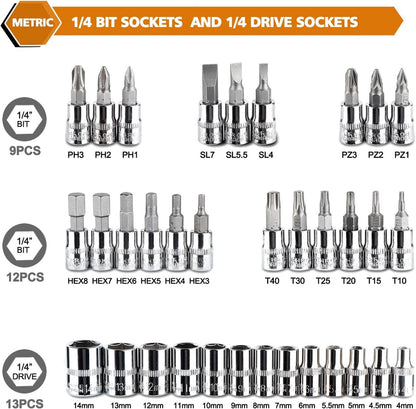 46-Piece Professional Socket Wrench Tool Set with Ratchet Handle, Sockets, Screwdriver Bits for Car, Motorcycle, Bicycle, Home Repair, Mechanical Work, Garage and DIY Maintenance Tasks, Portable Heavy-Duty Tool Kit