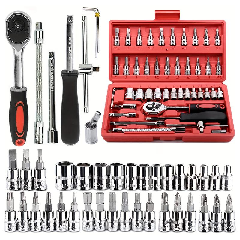 46-Piece Professional Socket Wrench Tool Set with Ratchet Handle, Sockets, Screwdriver Bits for Car, Motorcycle, Bicycle, Home Repair, Mechanical Work, Garage and DIY Maintenance Tasks, Portable Heavy-Duty Tool Kit