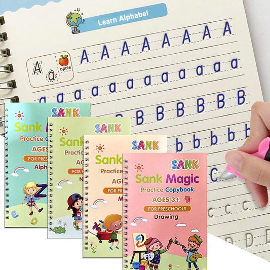 Magic Practice Copybook Set 4 Books, Magic Pen & 10 Ink Refills Montessori Children Tracing Sank Calligraphy Handwriting First Preschool Baby Learning Books for Kids
