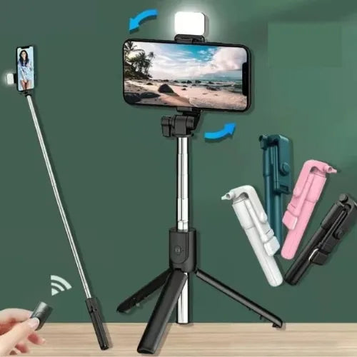 4 in 1 Wireless Selfie Stick Tripod with Bluetooth Shutter & Light | Foldable, Extendable up to 70CM – Compatible with All Phones