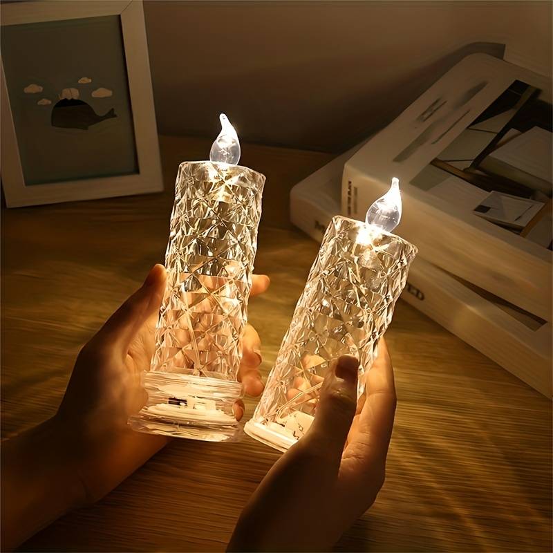 Led candle Lamp with Rose Halo Reflection , Battery Operated Diamond Pillar Flameless candle Light Birthday wedding Candles Dreame gift