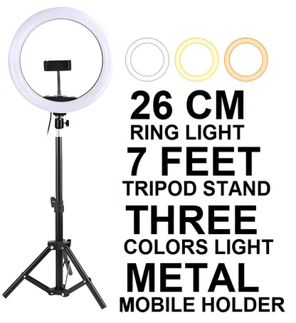 26CM/ 36CM/45CM Ring Light with Mobile Holder and 7ft Tripod Stand RingLight with 7 Feet Stand Three Colours Makeup LED RingLight with Tripod Stand Dimmable Selfie RingLight with USB for Videography and Photography
