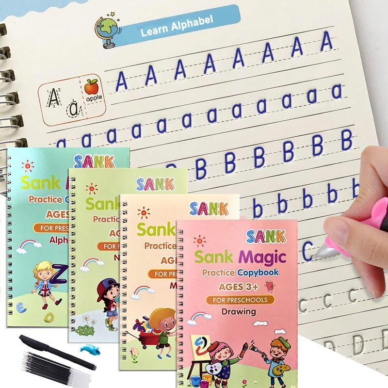 Magic Practice Copybook Set 4 Books, Magic Pen & 10 Ink Refills Montessori Children Tracing Sank Calligraphy Handwriting First Preschool Baby Learning Books for Kids