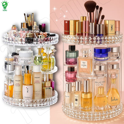 360° Rotating Acrylic Makeup Organizer – Multi-Tier Cosmetic Storage with Diamond-Cut Design