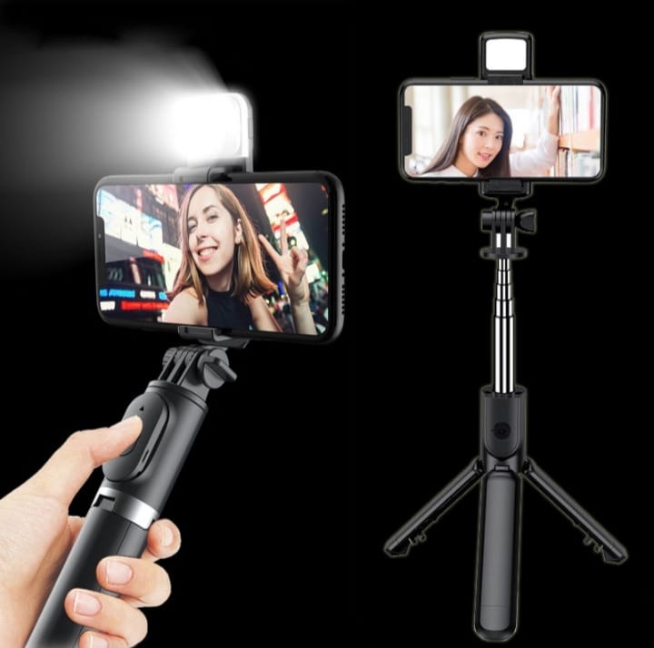 4 in 1 Wireless Selfie Stick Tripod with Bluetooth Shutter & Light | Foldable, Extendable up to 70CM – Compatible with All Phones