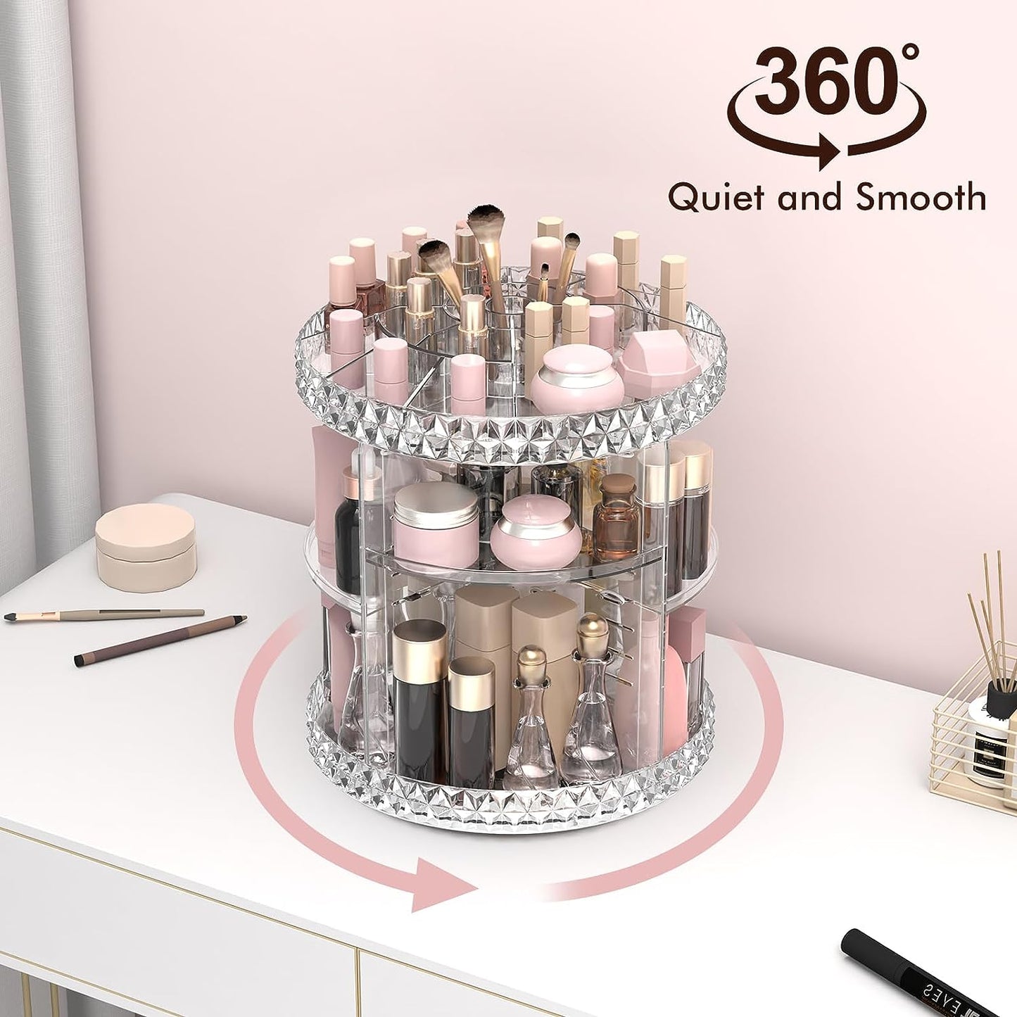 360° Rotating Acrylic Makeup Organizer – Multi-Tier Cosmetic Storage with Diamond-Cut Design