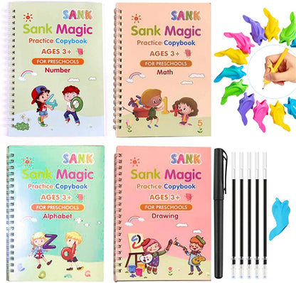 Magic Practice Copybook Set 4 Books, Magic Pen & 10 Ink Refills Montessori Children Tracing Sank Calligraphy Handwriting First Preschool Baby Learning Books for Kids