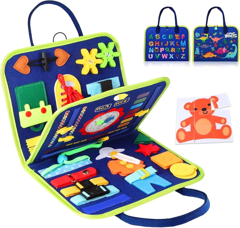 Reusable Montessori Busy Book for Toddlers – 4-Pages Educational Learning Toy with Stickers & Flashcards | Quiet Travel Activity Board for Kids Age 3+ | Early Skills & Motor Development