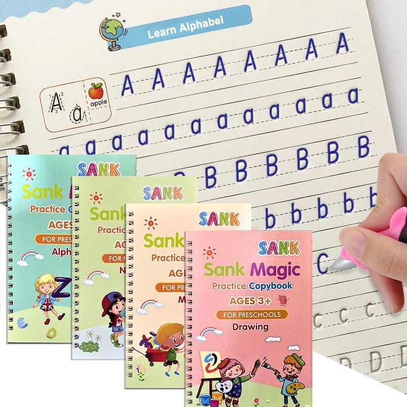 Magic Practice Copybook Set 4 Books, Magic Pen & 10 Ink Refills Montessori Children Tracing Sank Calligraphy Handwriting First Preschool Baby Learning Books for Kids