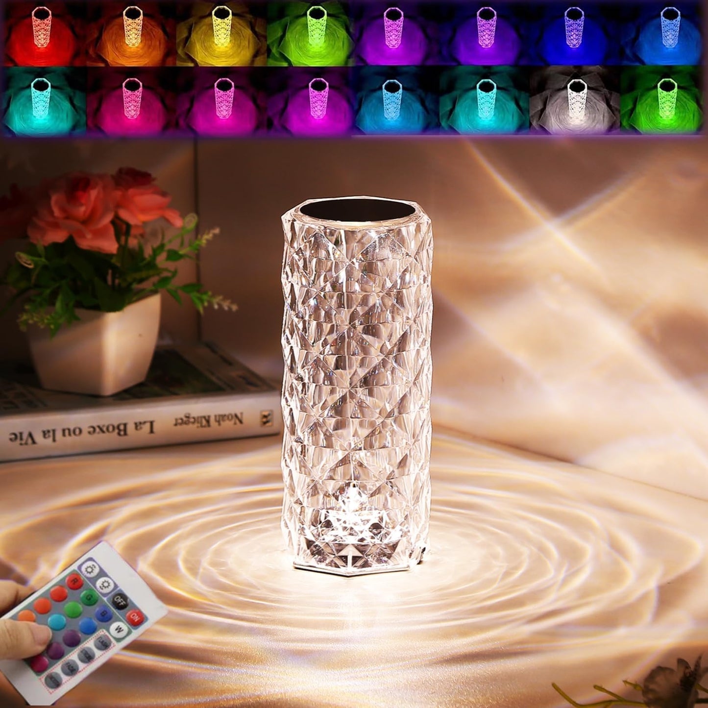 16 Colors Diamond Rose Crystal Touch Lamp Bedside Acrylic Usb Rechargeable Table Lamp - With Remote