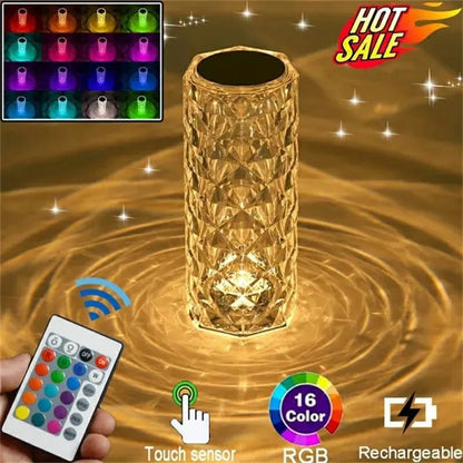 16 Colors Diamond Rose Crystal Touch Lamp Bedside Acrylic Usb Rechargeable Table Lamp - With Remote