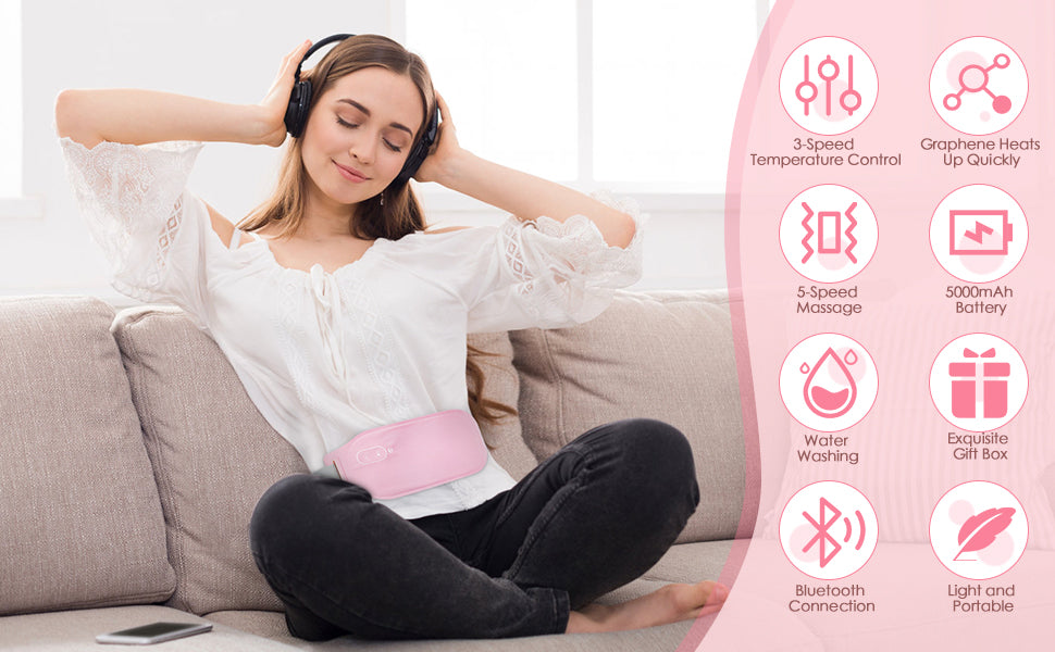 Period Cramp Relief Belt - Portable Electric Menstrual Heating Pad with Massager | Heated Waist Belt for Fast Menstrual Cramp Relief | 3 Heat Levels & 4 Massage Modes | Rechargeable & Adjustable for Women & Girls