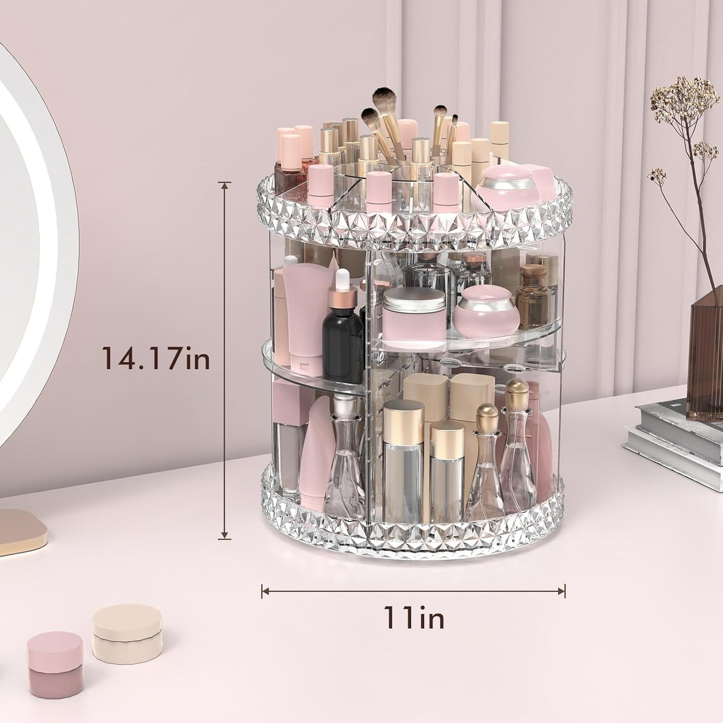 360° Rotating Acrylic Makeup Organizer – Multi-Tier Cosmetic Storage with Diamond-Cut Design