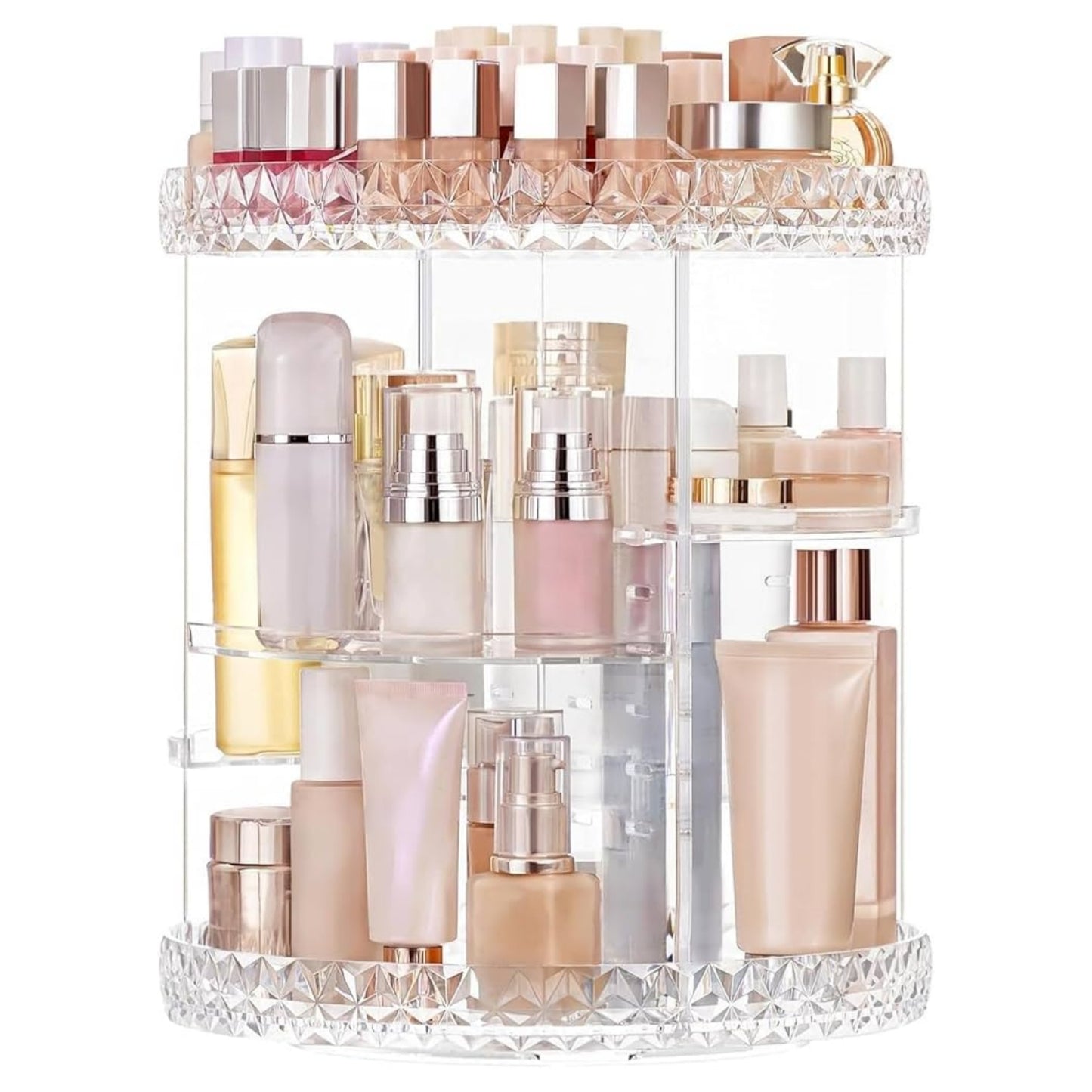 360° Rotating Acrylic Makeup Organizer – Multi-Tier Cosmetic Storage with Diamond-Cut Design