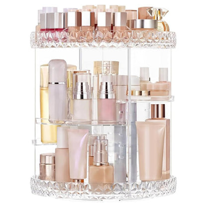 360° Rotating Acrylic Makeup Organizer – Multi-Tier Cosmetic Storage with Diamond-Cut Design