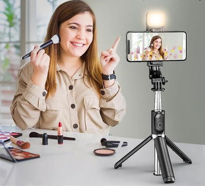 4 in 1 Wireless Selfie Stick Tripod with Bluetooth Shutter & Light | Foldable, Extendable up to 70CM – Compatible with All Phones