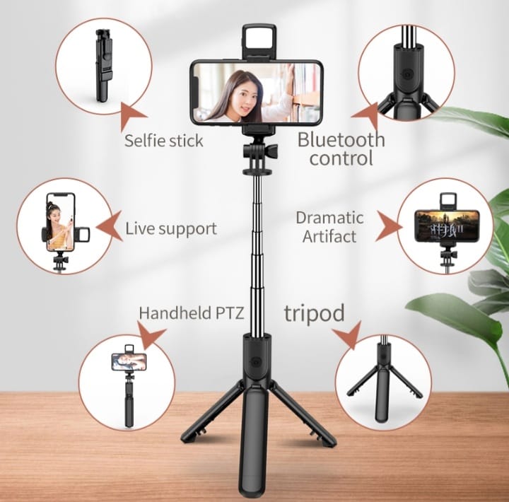 4 in 1 Wireless Selfie Stick Tripod with Bluetooth Shutter & Light | Foldable, Extendable up to 70CM – Compatible with All Phones