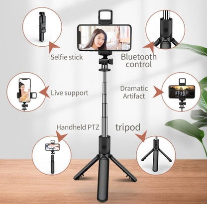 4 in 1 Wireless Selfie Stick Tripod with Bluetooth Shutter & Light | Foldable, Extendable up to 70CM – Compatible with All Phones