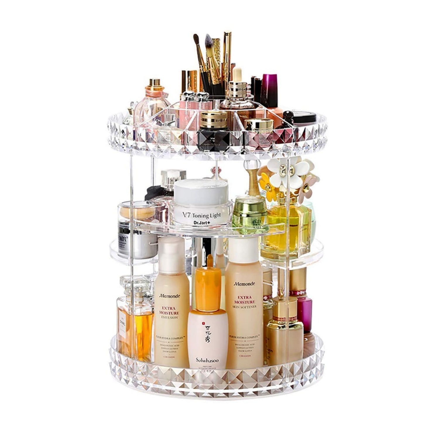 360° Rotating Acrylic Makeup Organizer – Multi-Tier Cosmetic Storage with Diamond-Cut Design
