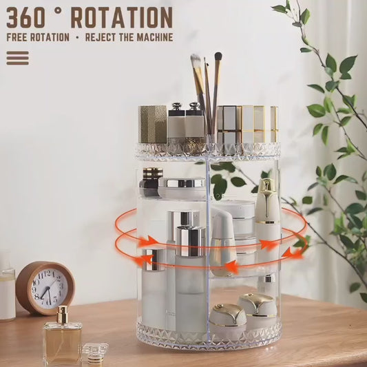 360° Rotating Acrylic Makeup Organizer – Multi-Tier Cosmetic Storage with Diamond-Cut Design