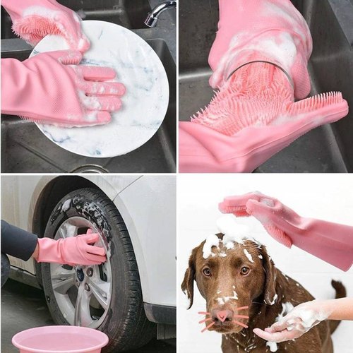2 PCS Magic Silicone Dish washing Gloves – Reusable Rubber Cleaning Gloves with Built-In Scrubber for Kitchen & Household Use (Random color)
