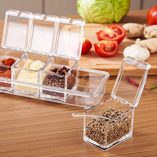 Crystal Seasoning Box With 4 Compartments And Spoons – Transparent Spice Storage Container Set For Kitchen Organization