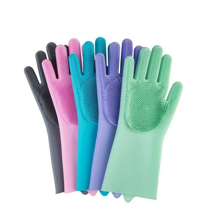 2 PCS Magic Silicone Dish washing Gloves – Reusable Rubber Cleaning Gloves with Built-In Scrubber for Kitchen & Household Use (Random color)