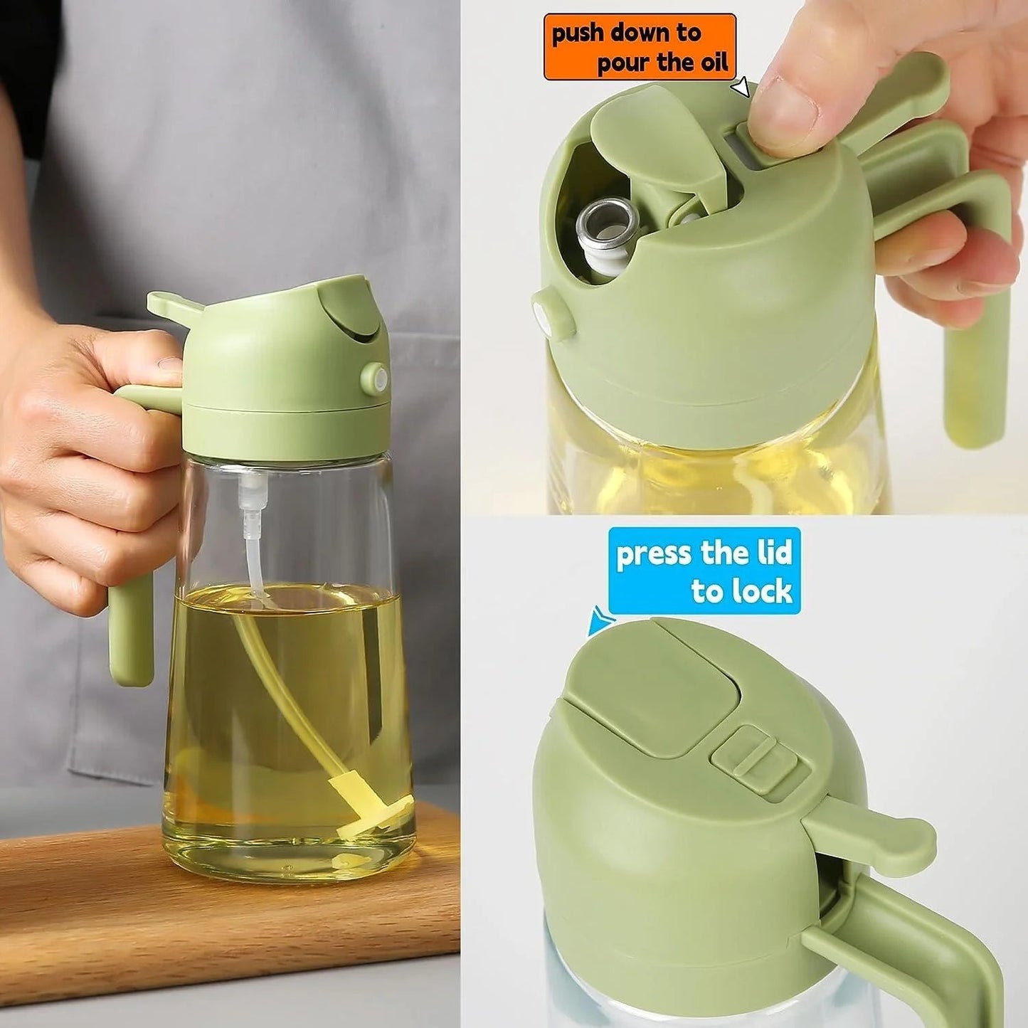 2-in-1 Oil Spray Bottle with dual spray and dispenser functionality for controlled Daily oil usage