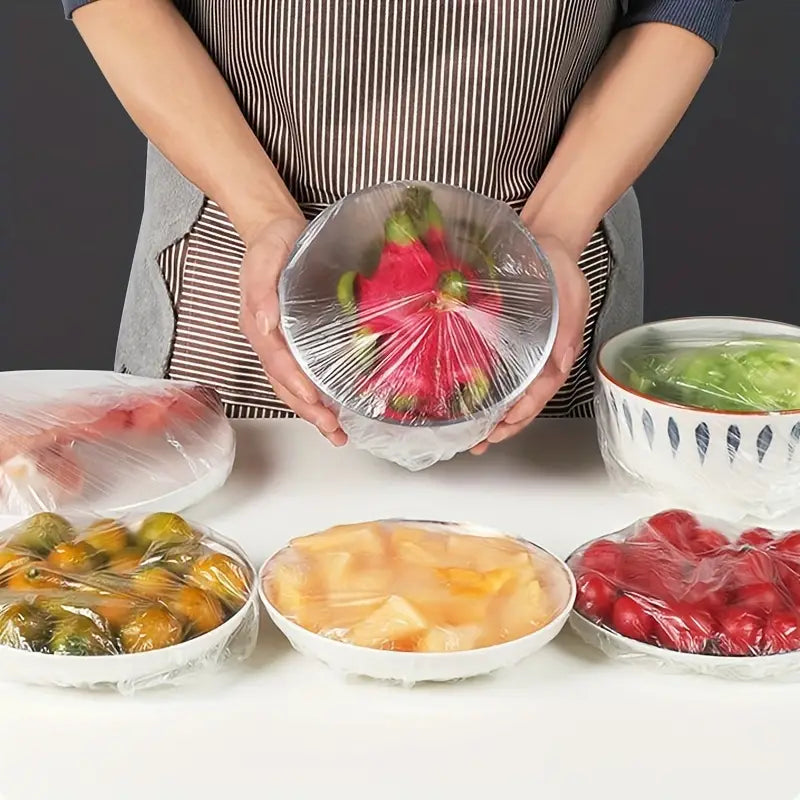 100 Pcs Stretchable Transparent Plastic Food Covers – Disposable Elastic Wrap for Bowls, Plates & Fruits