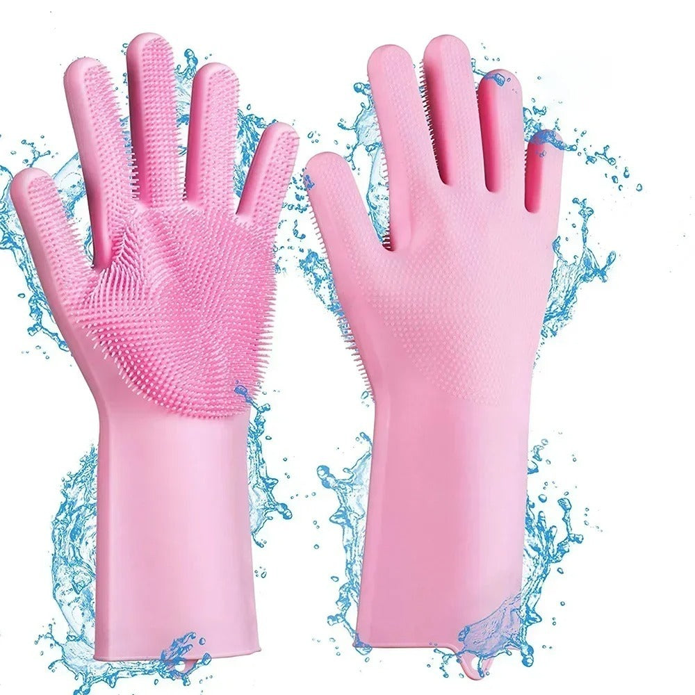 2 PCS Magic Silicone Dish washing Gloves – Reusable Rubber Cleaning Gloves with Built-In Scrubber for Kitchen & Household Use (Random color)