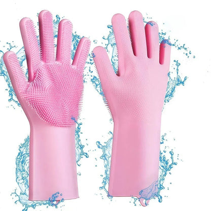 2 PCS Magic Silicone Dish washing Gloves – Reusable Rubber Cleaning Gloves with Built-In Scrubber for Kitchen & Household Use (Random color)