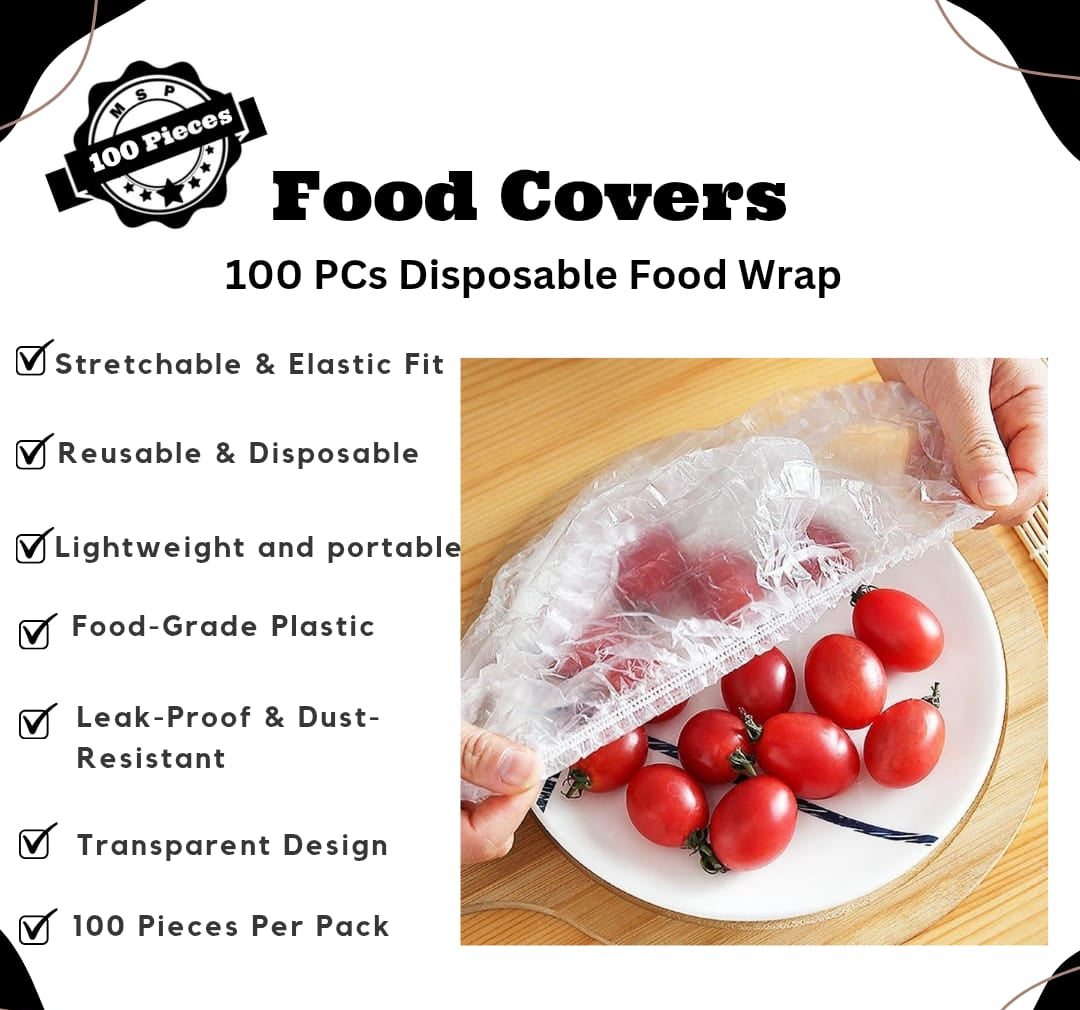 100 Pcs Stretchable Transparent Plastic Food Covers – Disposable Elastic Wrap for Bowls, Plates & Fruits