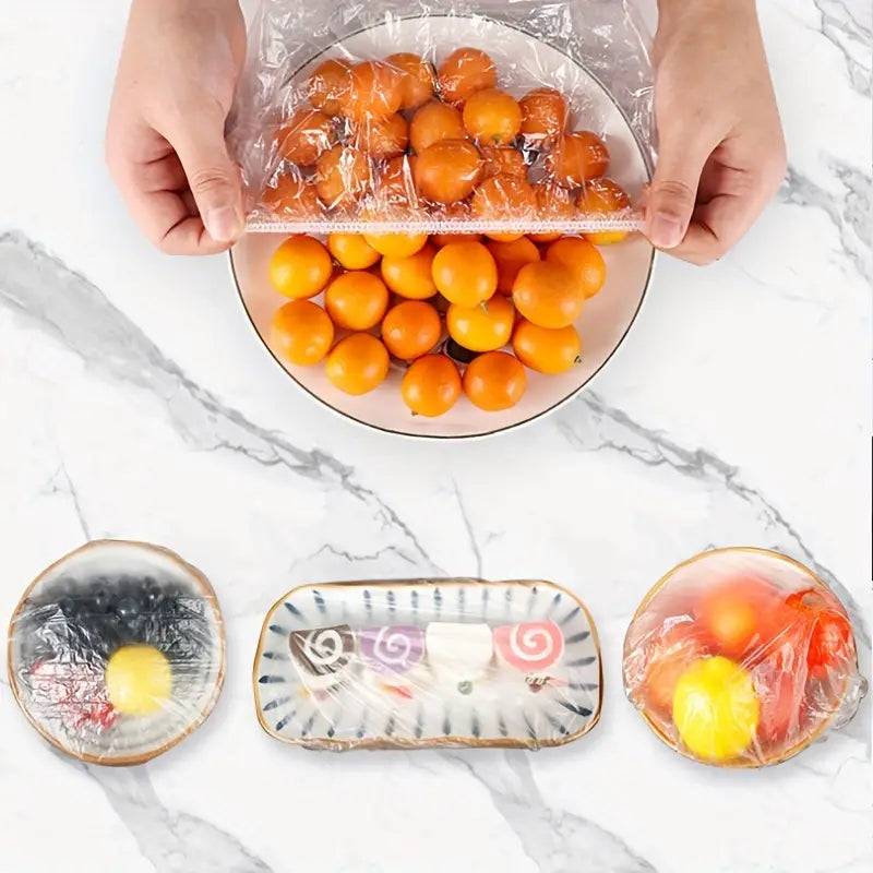 100 Pcs Stretchable Transparent Plastic Food Covers – Disposable Elastic Wrap for Bowls, Plates & Fruits