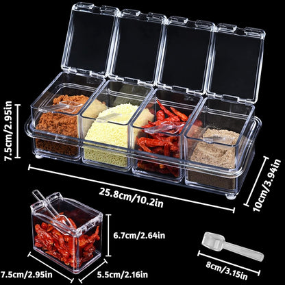 Crystal Seasoning Box With 4 Compartments And Spoons – Transparent Spice Storage Container Set For Kitchen Organization