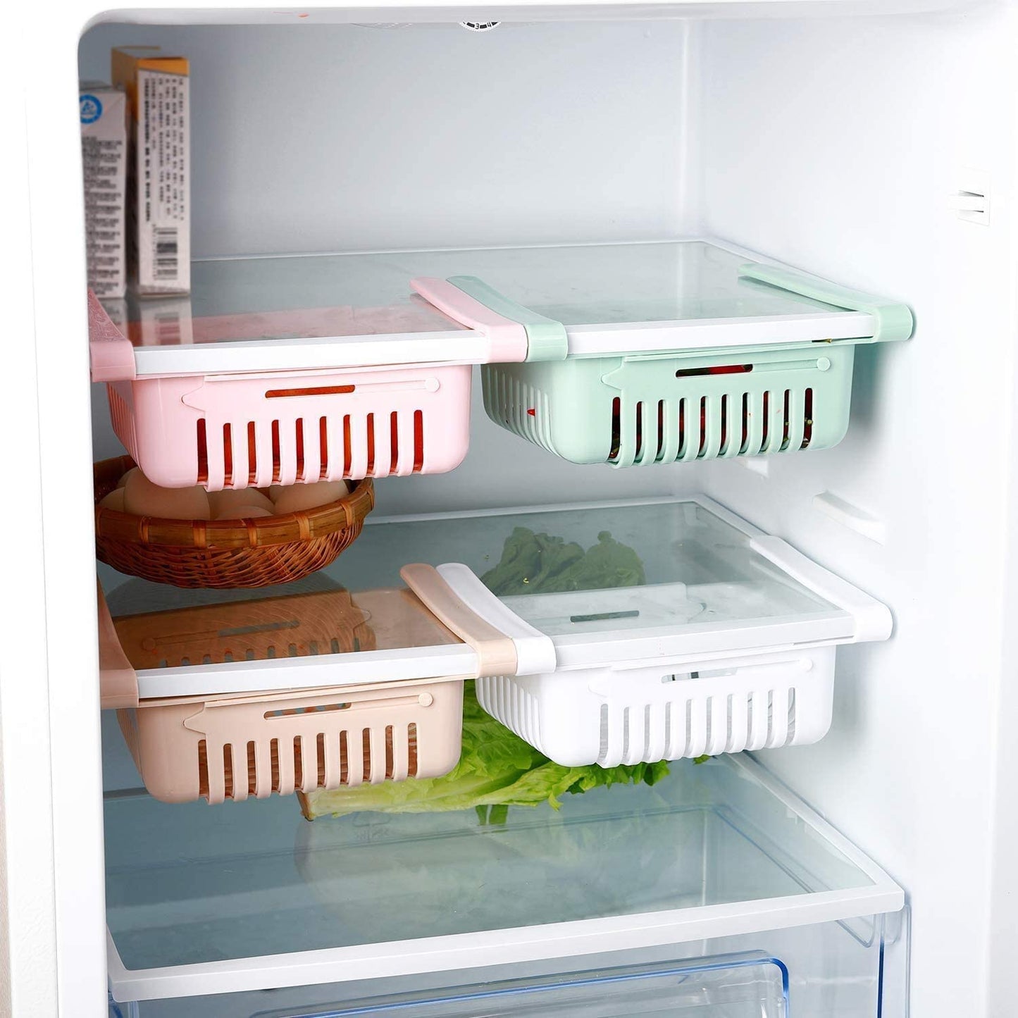 Adjustable Fridge Storage Baskets – Set of 2 Expandable Food Organizer Rack