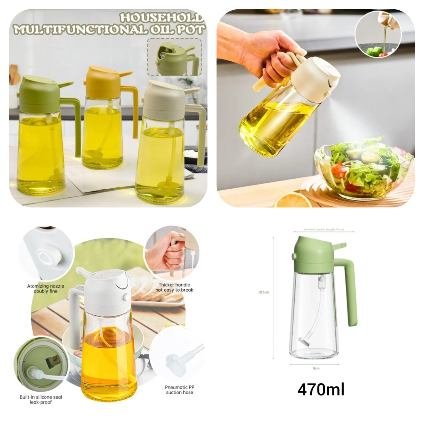 2-in-1 Oil Spray Bottle with dual spray and dispenser functionality for controlled Daily oil usage