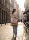 Two-Tone Elegant Tote Handbag with Pom-Pom Charm | Brown & Beige / Pink & Beige
