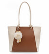 Two-Tone Elegant Tote Handbag with Pom-Pom Charm | Brown & Beige / Pink & Beige