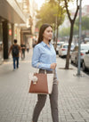 Two-Tone Elegant Tote Handbag with Pom-Pom Charm | Brown & Beige / Pink & Beige
